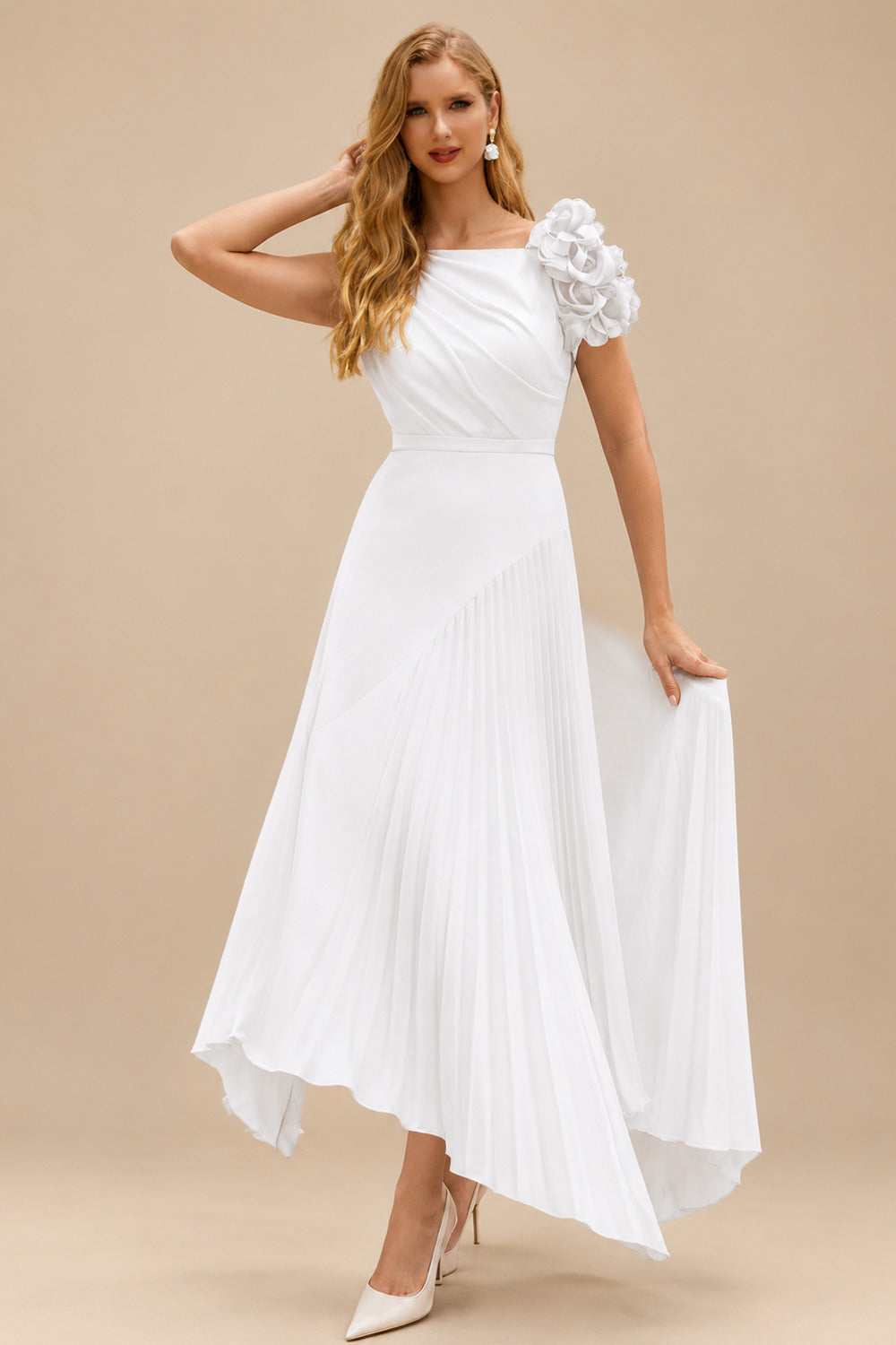 Rutipo White A-Line Asymmetrical Stretch Chiffon Mother Of The Bride Dresses With Pleated/Flower(s)