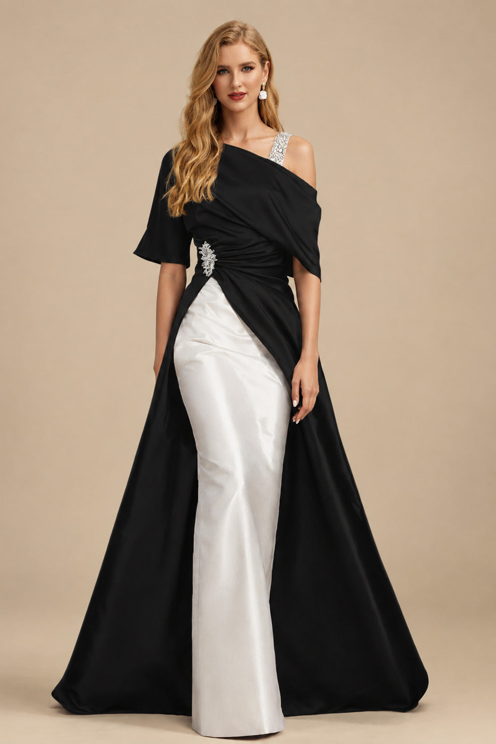 Rutipo Black Unique Two Tone Asymmetrical Overskirt Crepe Satin Mother Of The Bride Dresses With Rhinestone