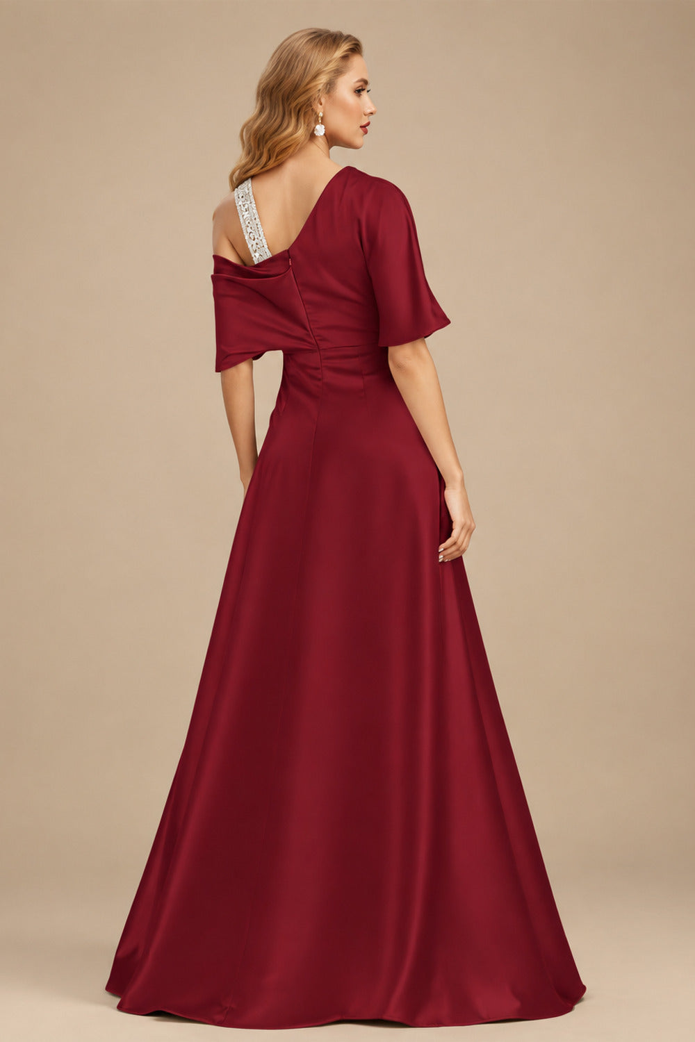 Rutipo Burgundy Unique Two Tone Asymmetrical Overskirt Crepe Satin Mother Of The Bride Dresses With Rhinestone