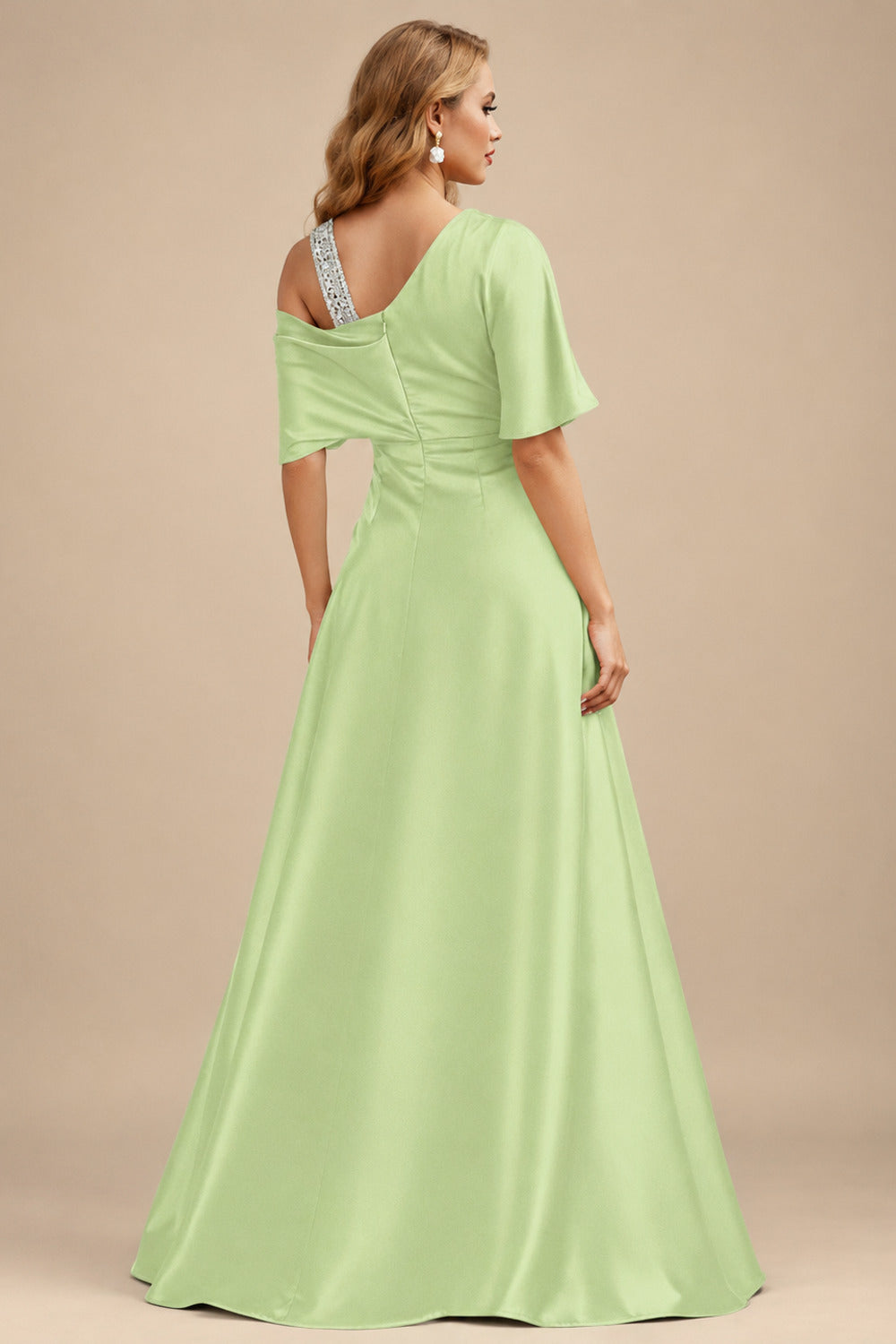 Rutipo Celadon Unique Two Tone Asymmetrical Overskirt Crepe Satin Mother Of The Bride Dresses With Rhinestone