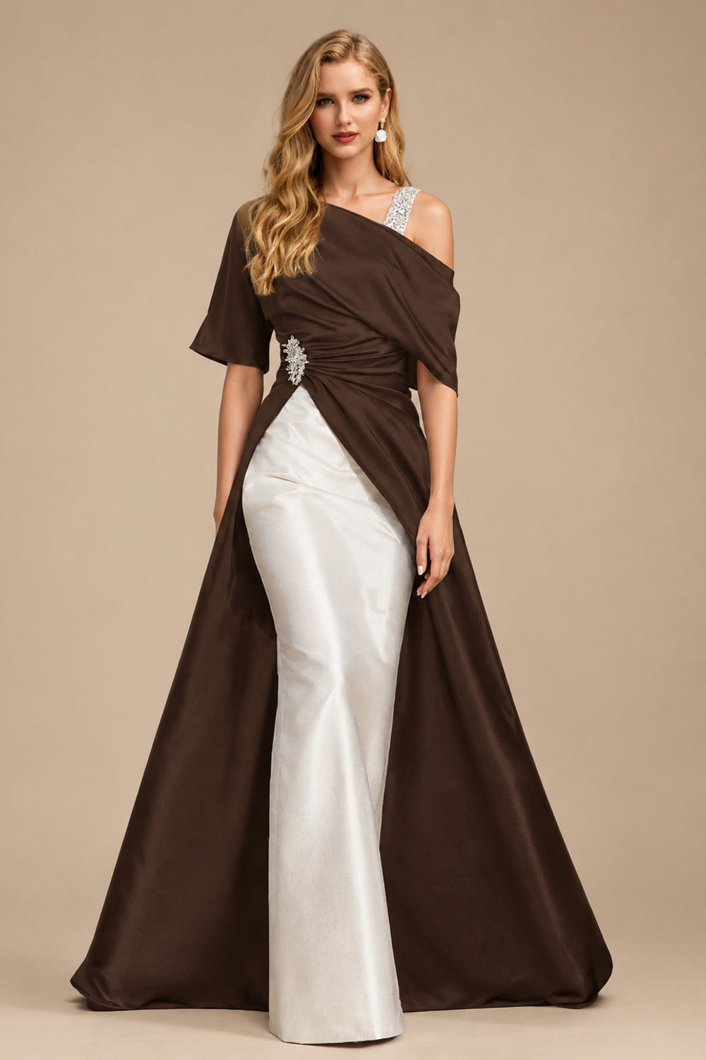 Rutipo Chocolate Unique Two Tone Asymmetrical Overskirt Crepe Satin Mother Of The Bride Dresses With Rhinestone