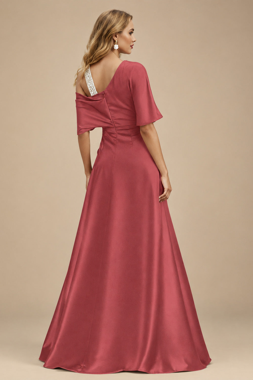 Rutipo Cinnamon Rose Unique Two Tone Asymmetrical Overskirt Crepe Satin Mother Of The Bride Dresses With Rhinestone