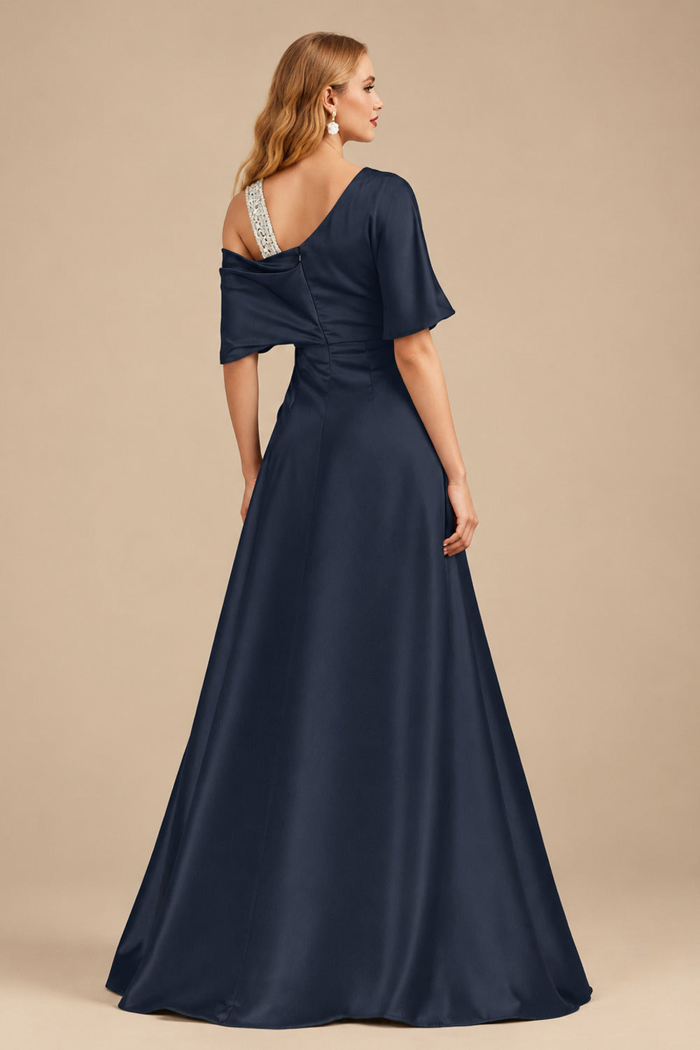 Rutipo Dark Navy Unique Two Tone Asymmetrical Overskirt Crepe Satin Mother Of The Bride Dresses With Rhinestone