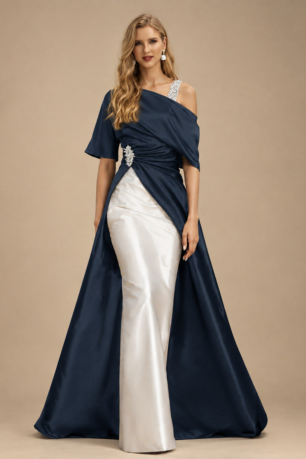 Rutipo Dark Navy Unique Two Tone Asymmetrical Overskirt Crepe Satin Mother Of The Bride Dresses With Rhinestone