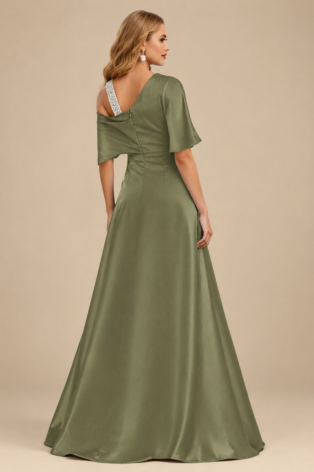 Rutipo Olive Green Unique Two Tone Asymmetrical Overskirt Crepe Satin Mother Of The Bride Dresses With Rhinestone