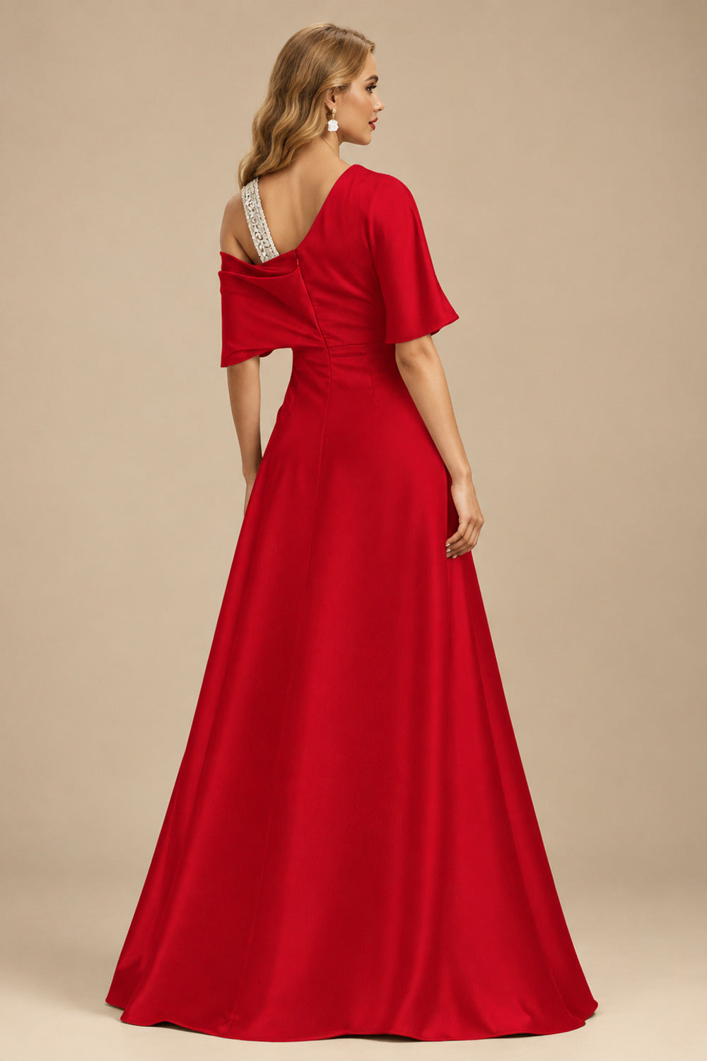 Rutipo Red Unique Two Tone Asymmetrical Overskirt Crepe Satin Mother Of The Bride Dresses With Rhinestone