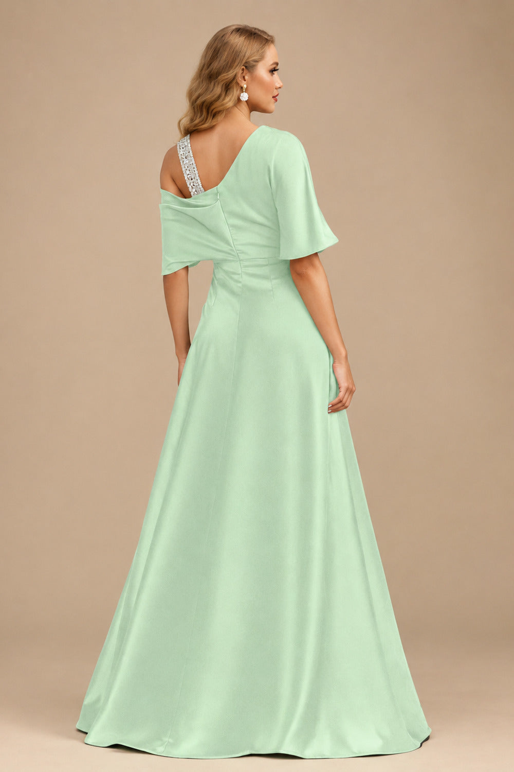 Rutipo Sage Green Unique Two Tone Asymmetrical Overskirt Crepe Satin Mother Of The Bride Dresses With Rhinestone