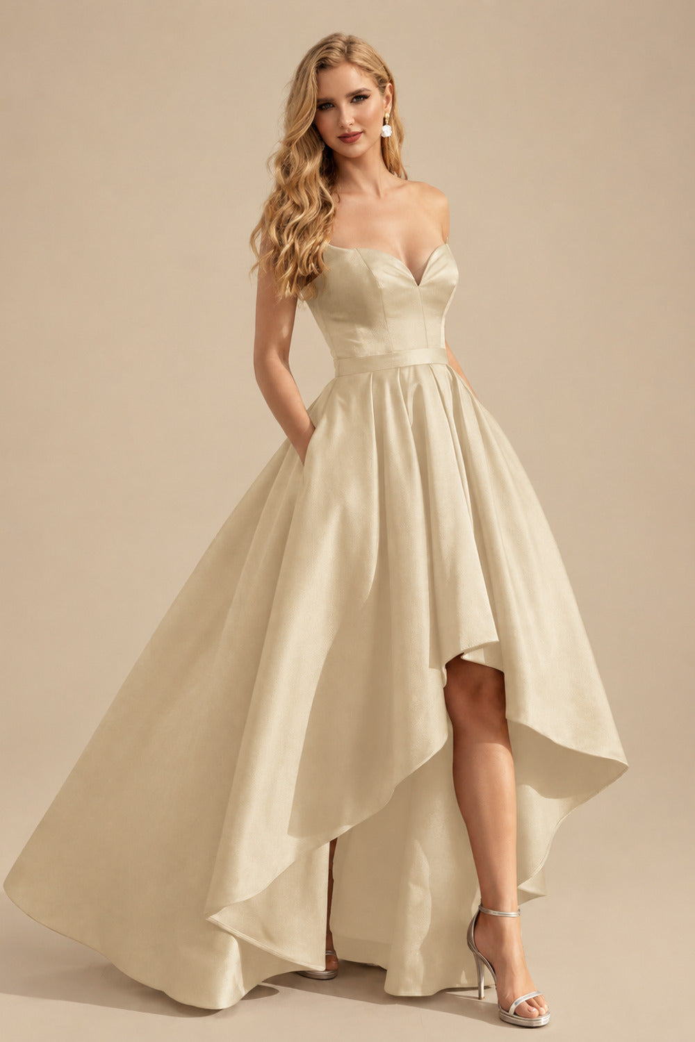 Rutipo Champagne Ball-Gown/Princess Sleeveless Strapless Satin Asymmetrical Prom Dress With Pleated