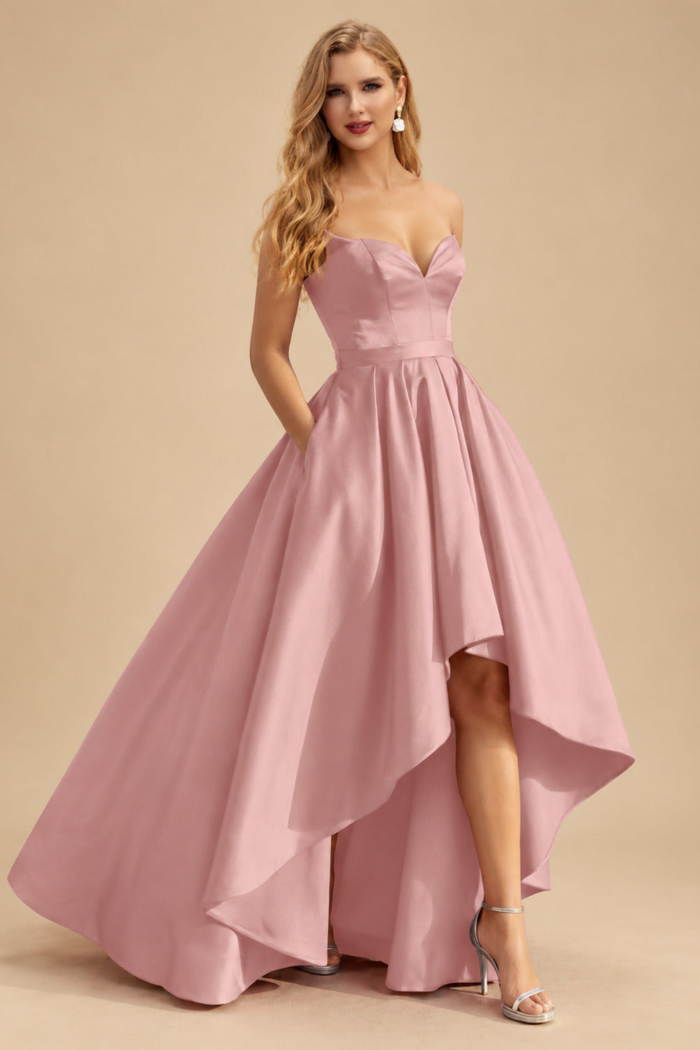 Rutipo Dusty Rose Ball-Gown/Princess Sleeveless Strapless Satin Asymmetrical Prom Dress With Pleated