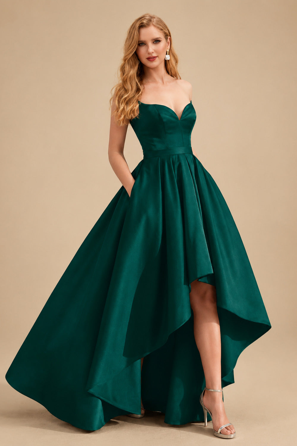 Rutipo Emerald Ball-Gown/Princess Sleeveless Strapless Satin Asymmetrical Prom Dress With Pleated