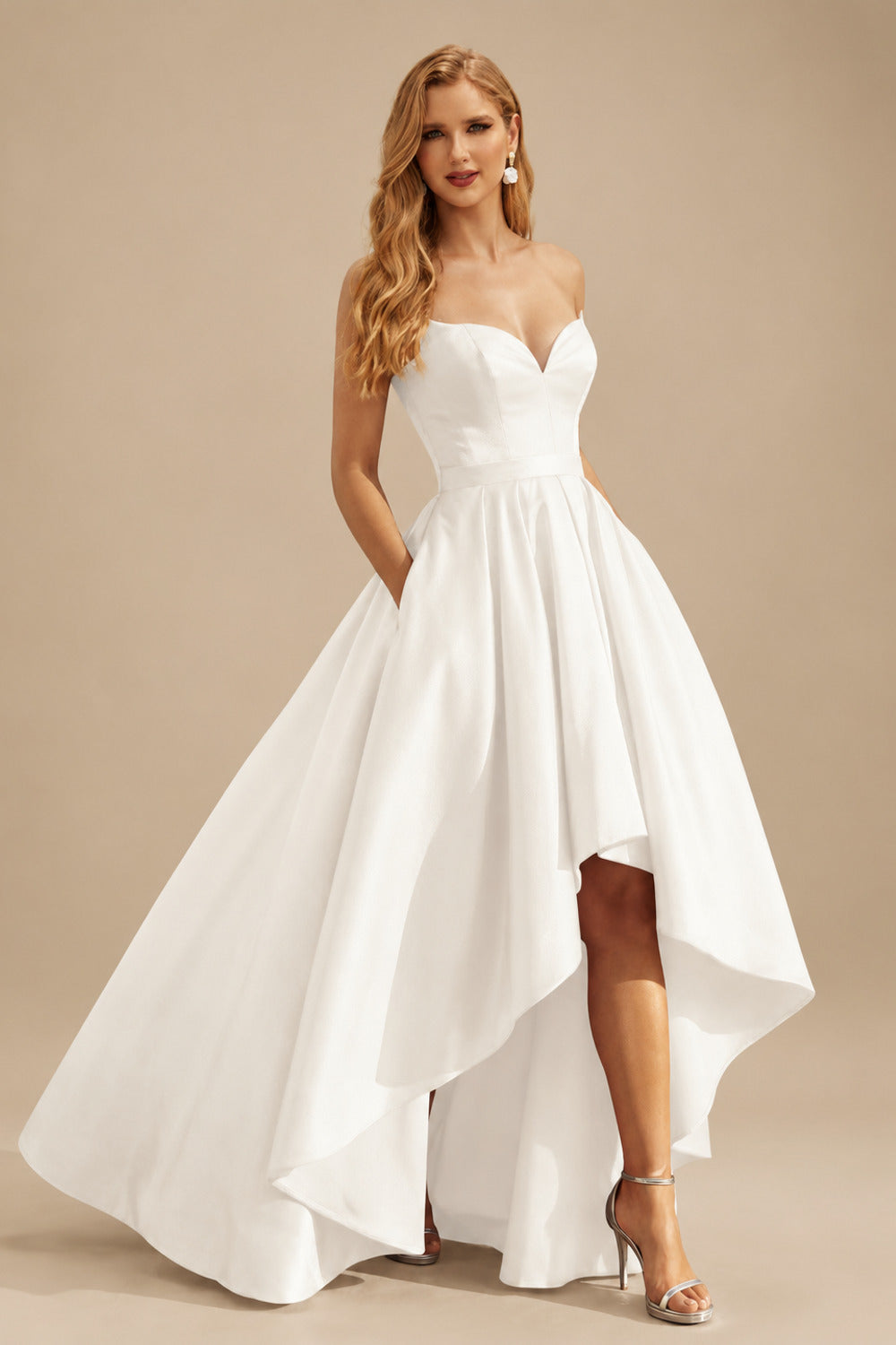 Rutipo Ivory Ball-Gown/Princess Sleeveless Strapless Satin Asymmetrical Prom Dress With Pleated