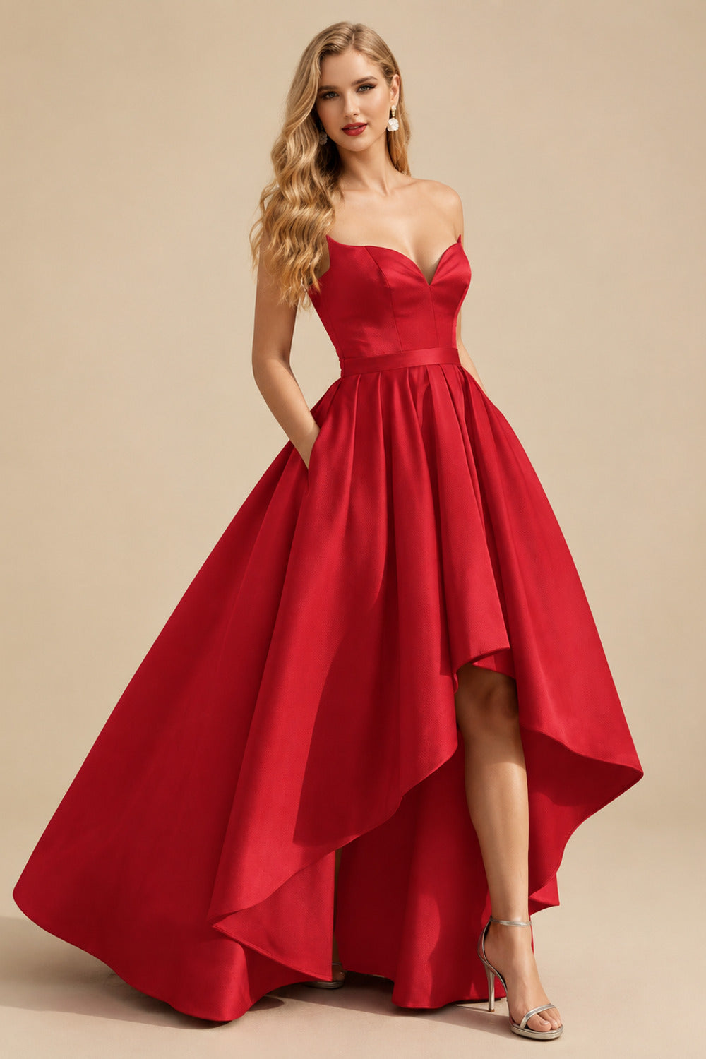 Rutipo Red Ball-Gown/Princess Sleeveless Strapless Satin Asymmetrical Prom Dress With Pleated