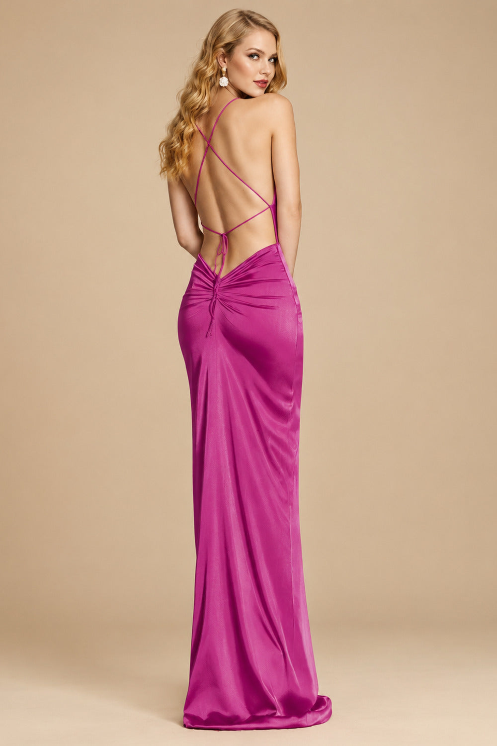 Rutipo Fuchsia Sheath/Column Cowl Neck Sleeveless Silk Like Satin Prom Dresses With High Split