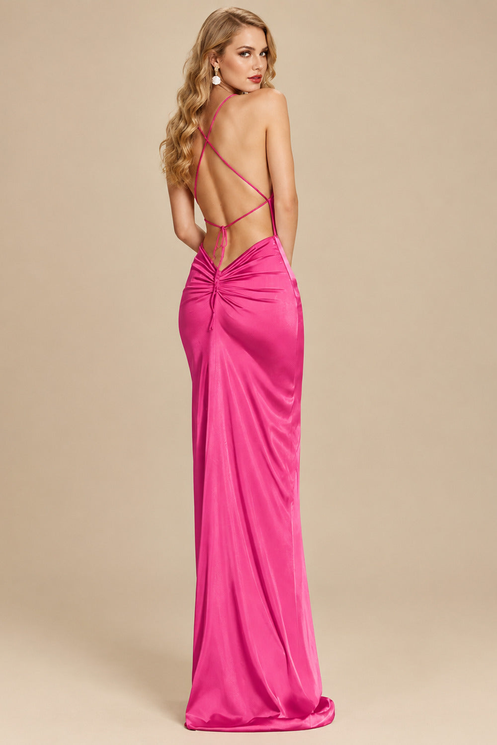 Rutipo Hot Pink Sheath/Column Cowl Neck Sleeveless Silk Like Satin Prom Dresses With High Split