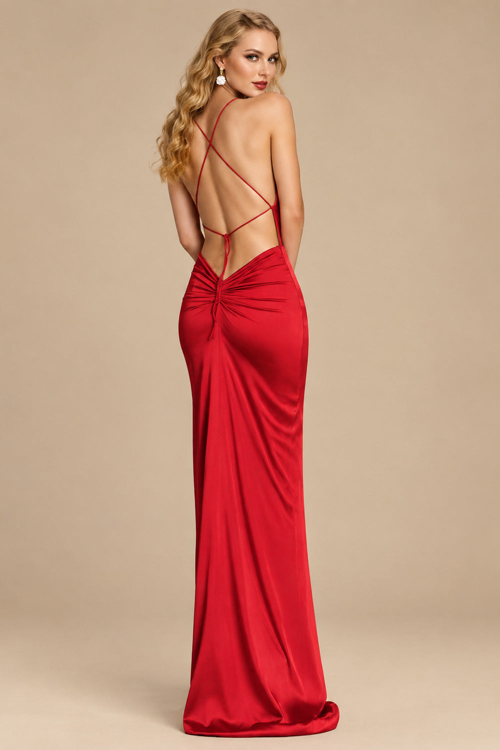 Rutipo Red Sheath/Column Cowl Neck Sleeveless Silk Like Satin Prom Dresses With High Split