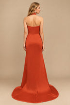 Rutipo Burnt Orange Sheath/Column Halter Charmeuse Prom Dresses With High Split