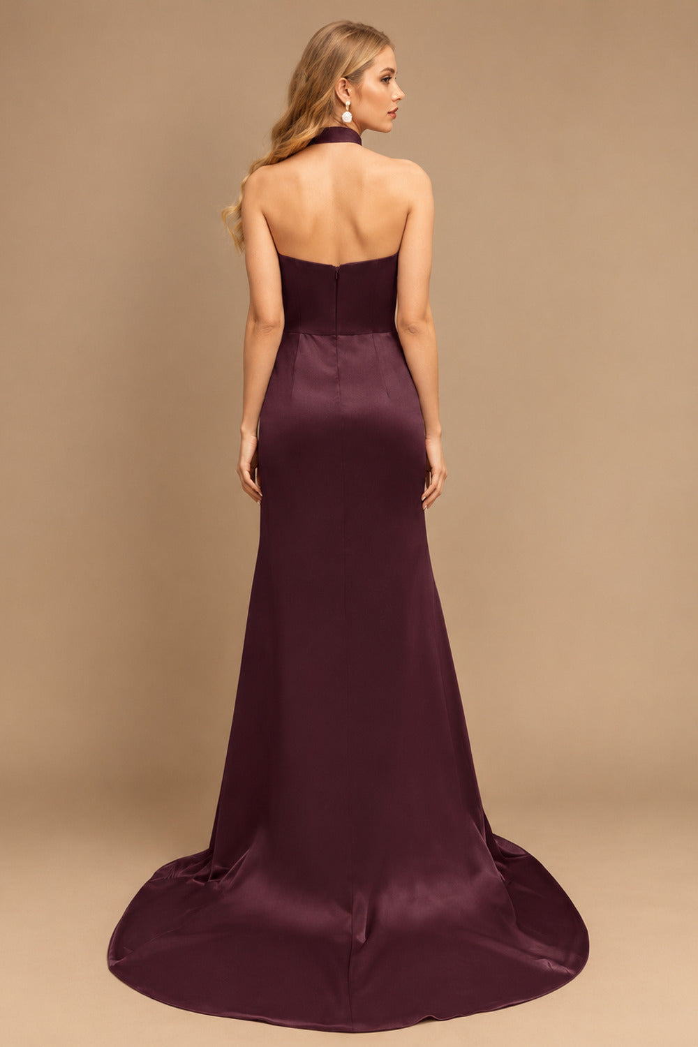 Rutipo Cabernet Sheath/Column Halter Charmeuse Prom Dresses With High Split