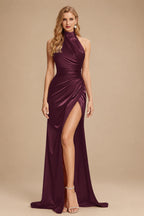 Rutipo Cabernet Sheath/Column Halter Charmeuse Prom Dresses With High Split