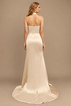Rutipo Champagne Sheath/Column Halter Charmeuse Prom Dresses With High Split