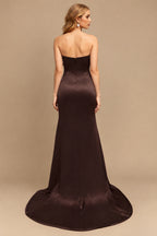 Rutipo Chocolate Sheath/Column Halter Charmeuse Prom Dresses With High Split