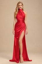 Rutipo Red Sheath/Column Halter Charmeuse Prom Dresses With High Split
