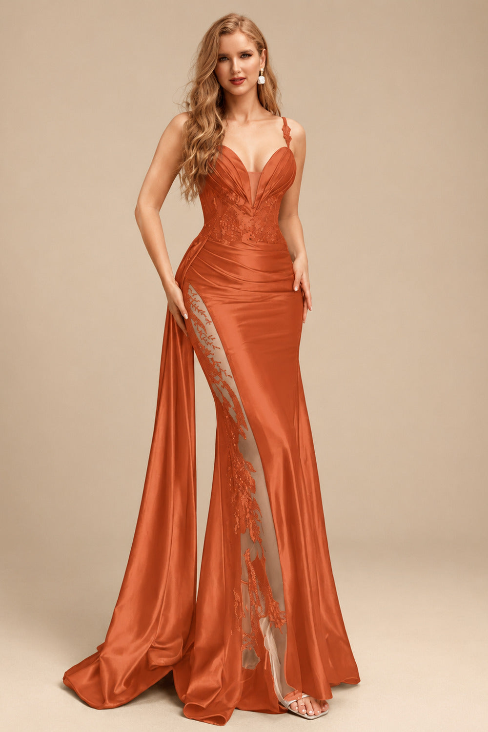 Rutipo Burnt Orange Sexy Sweetheart Trumpet/Mermaid Sparkly Lace Prom Dresses