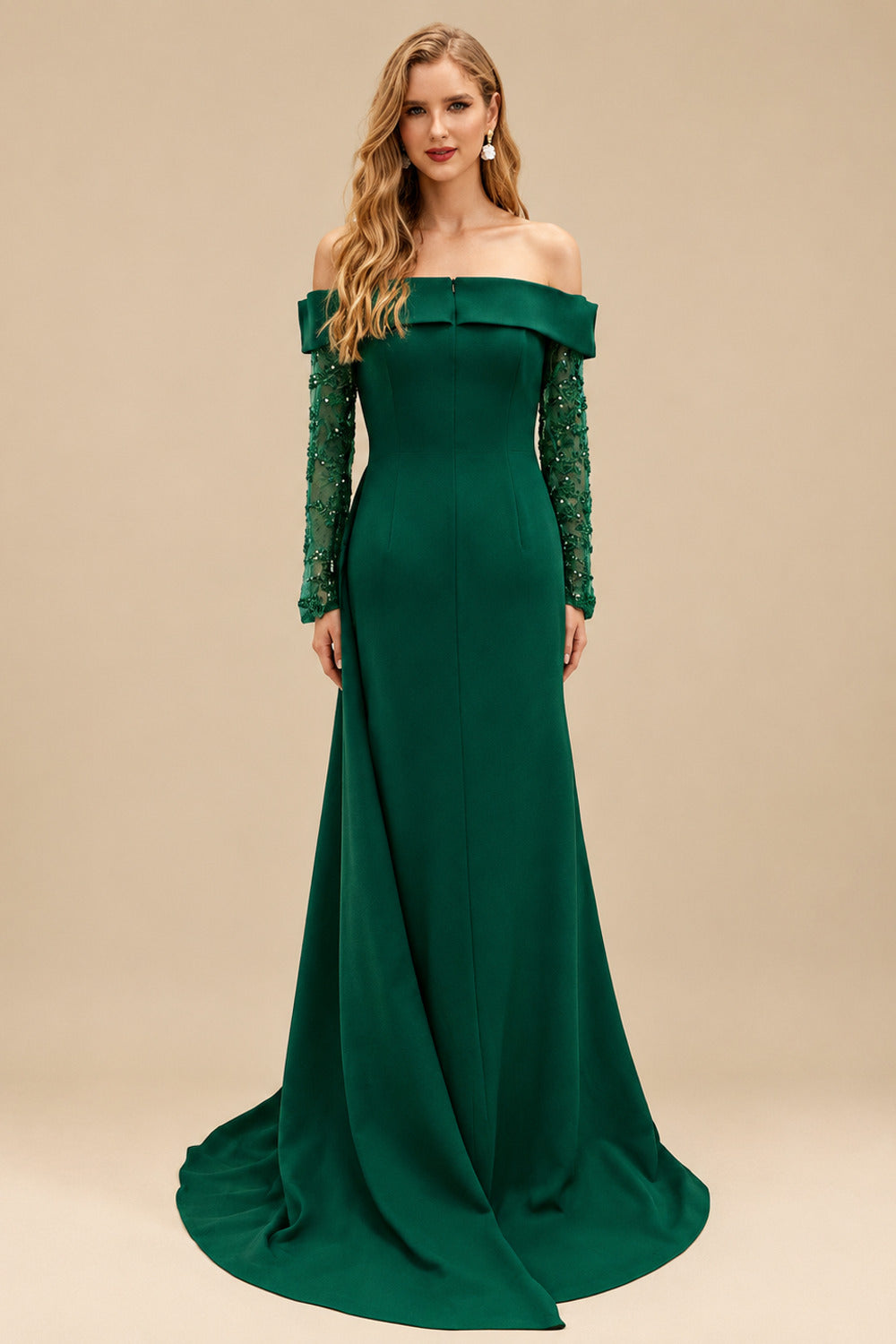 Rutipo As Picture Long Sleeves Sweep Train Elastic Satin Prom Dresses With Appliques Lace