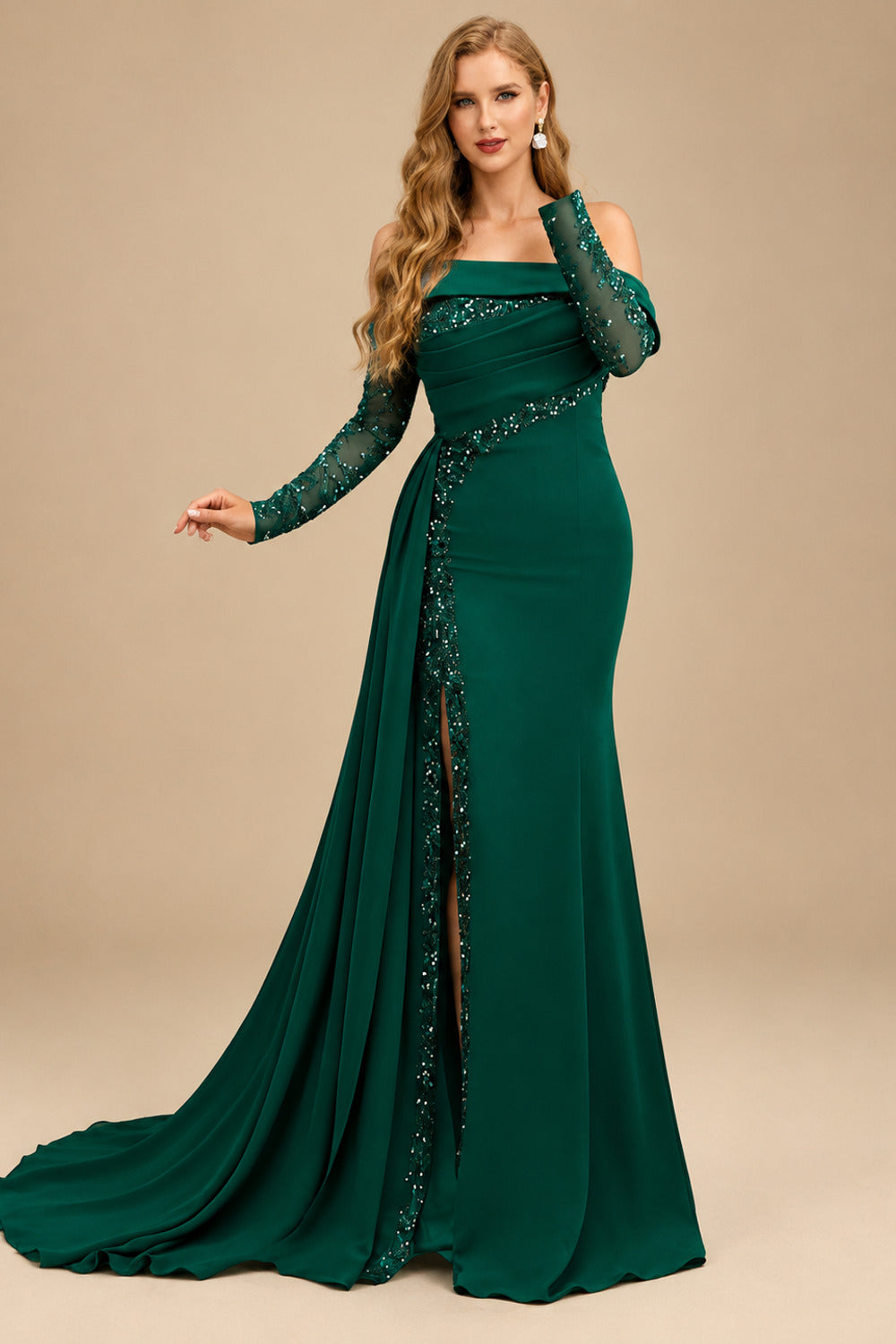 Rutipo As Picture Long Sleeves Sweep Train Elastic Satin Prom Dresses With Appliques Lace