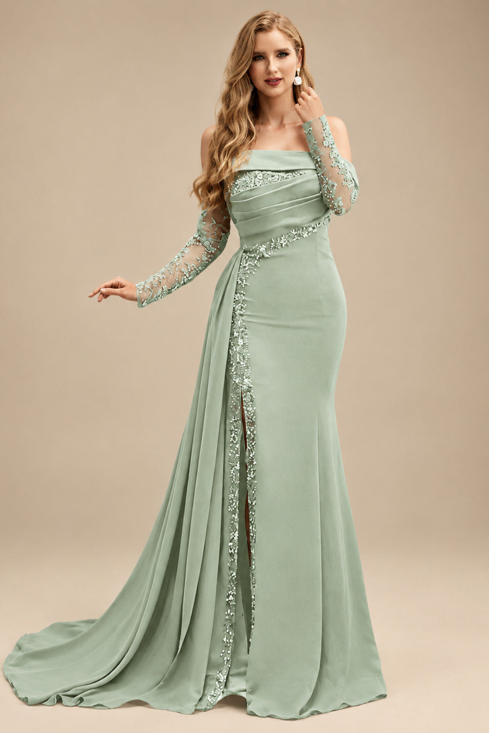 Rutipo Celadon Long Sleeves Sweep Train Elastic Satin Prom Dresses With Appliques Lace