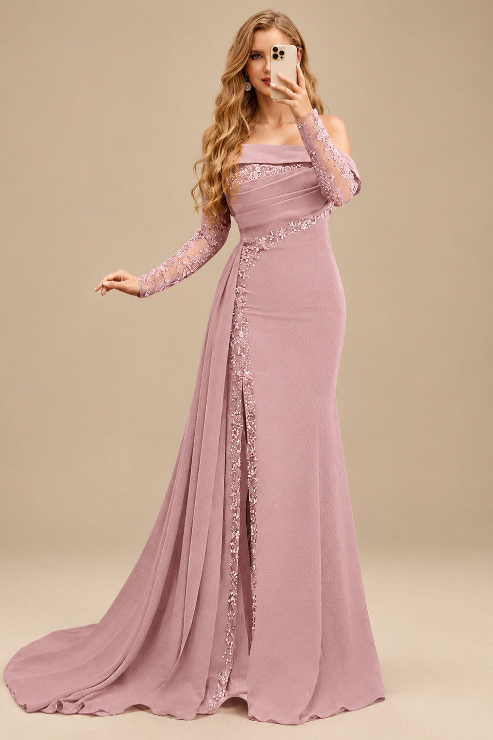 Rutipo Dusty Rose Long Sleeves Sweep Train Elastic Satin Prom Dresses With Appliques Lace