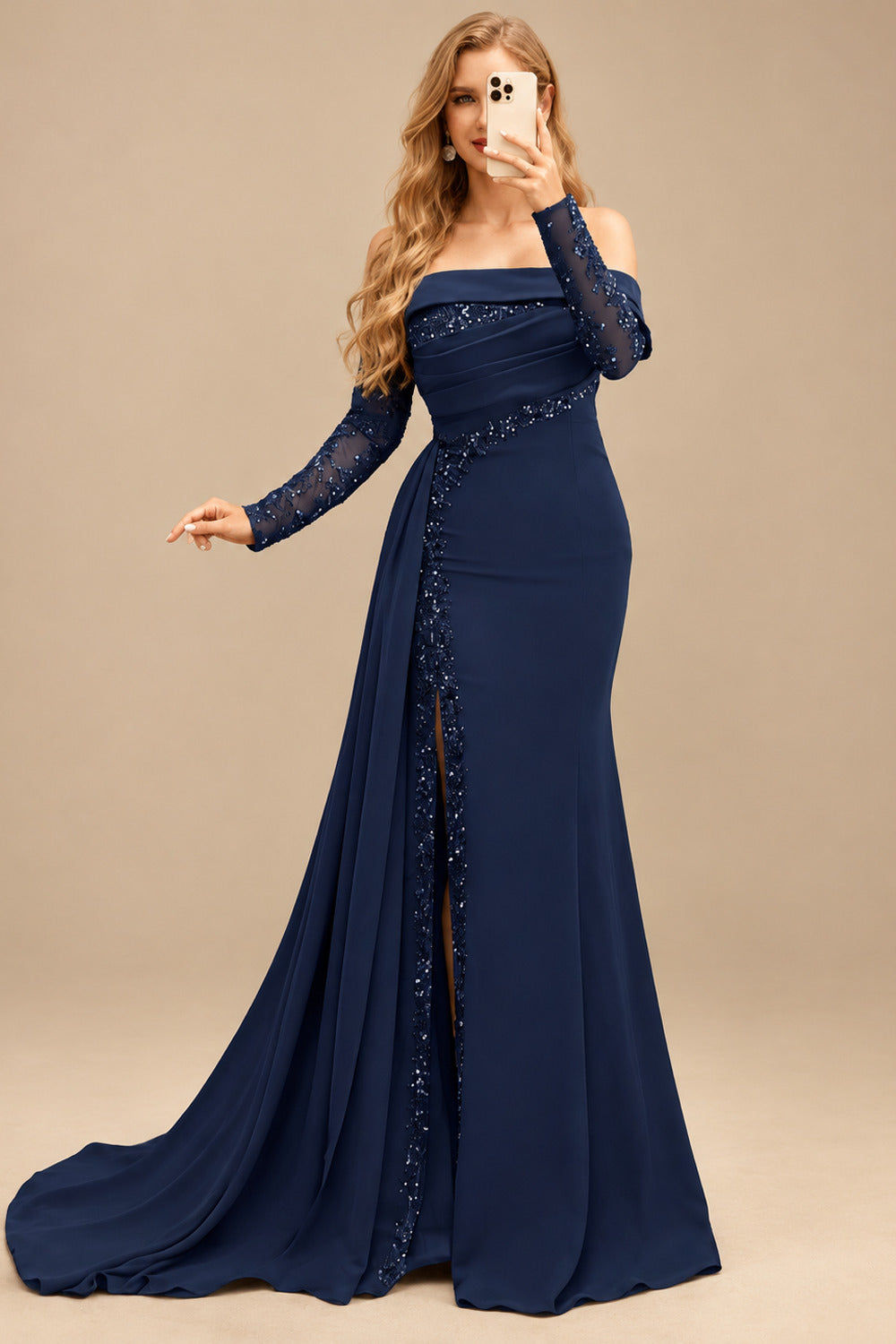 Rutipo Navy Blue Long Sleeves Sweep Train Elastic Satin Prom Dresses With Appliques Lace