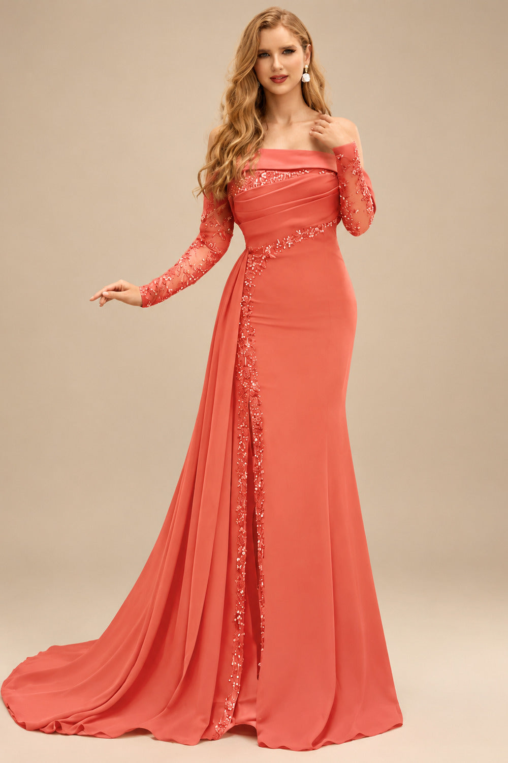 Rutipo Papaya Long Sleeves Sweep Train Elastic Satin Prom Dresses With Appliques Lace