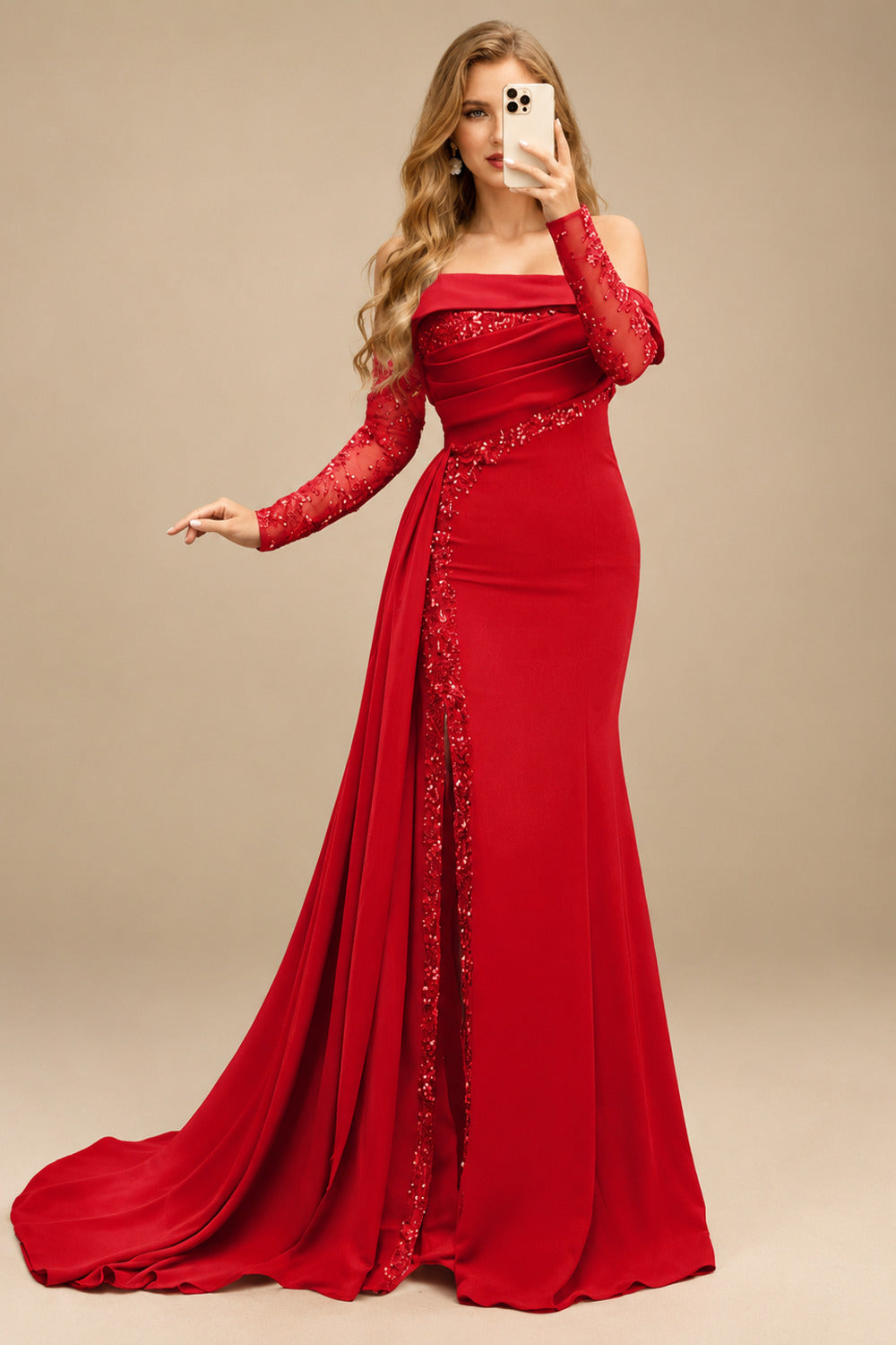 Rutipo Red Long Sleeves Sweep Train Elastic Satin Prom Dresses With Appliques Lace