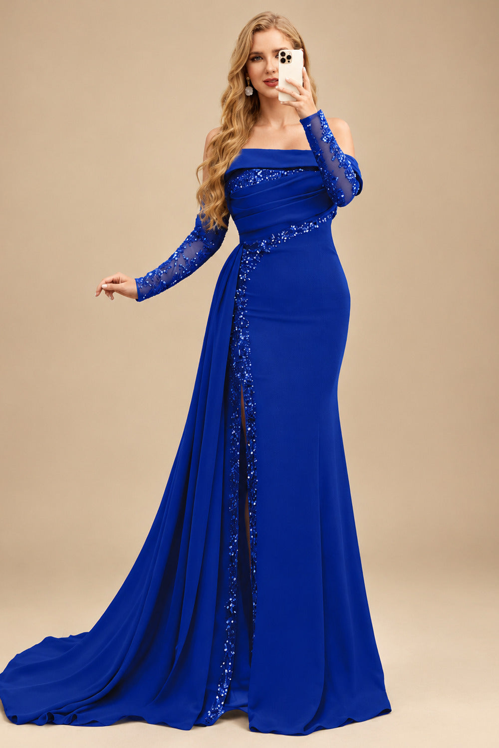 Rutipo Royal Blue Long Sleeves Sweep Train Elastic Satin Prom Dresses With Appliques Lace