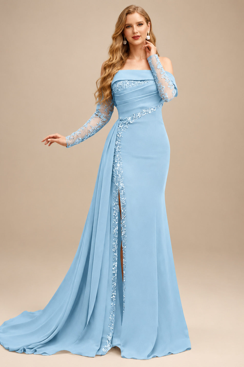 Rutipo Sky Blue Long Sleeves Sweep Train Elastic Satin Prom Dresses With Appliques Lace