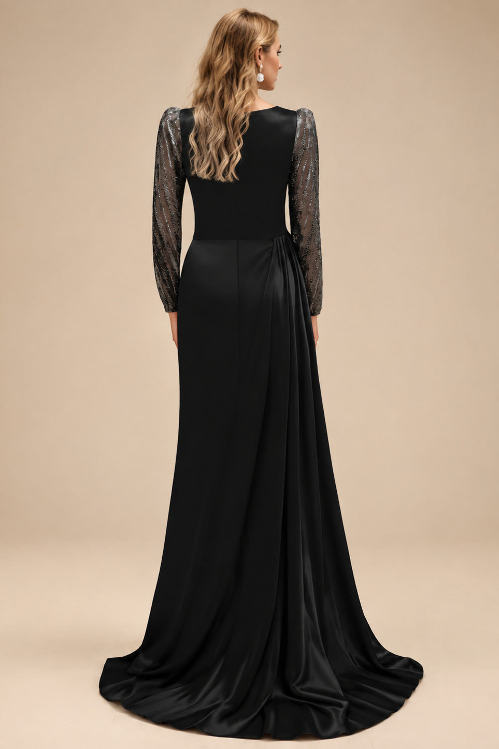 Rutipo Black Sheath Scoop Neck Long Sleeves Sweep Train Silk Like Satin Prom Dresses With High Split