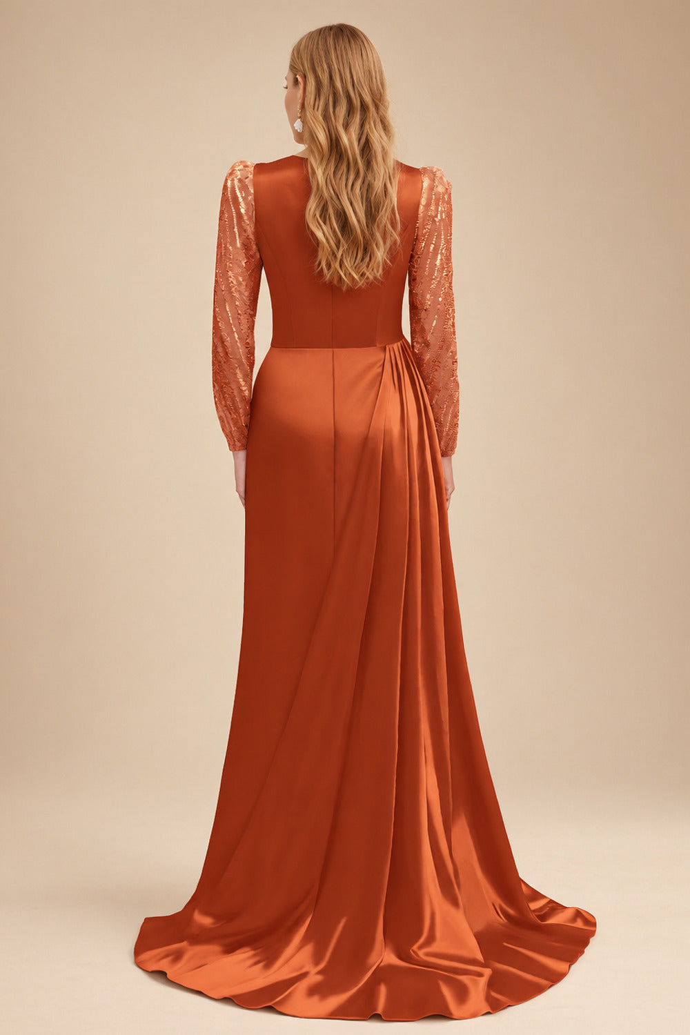 Rutipo Burnt Orange Sheath Scoop Neck Long Sleeves Sweep Train Silk Like Satin Prom Dresses With High Split