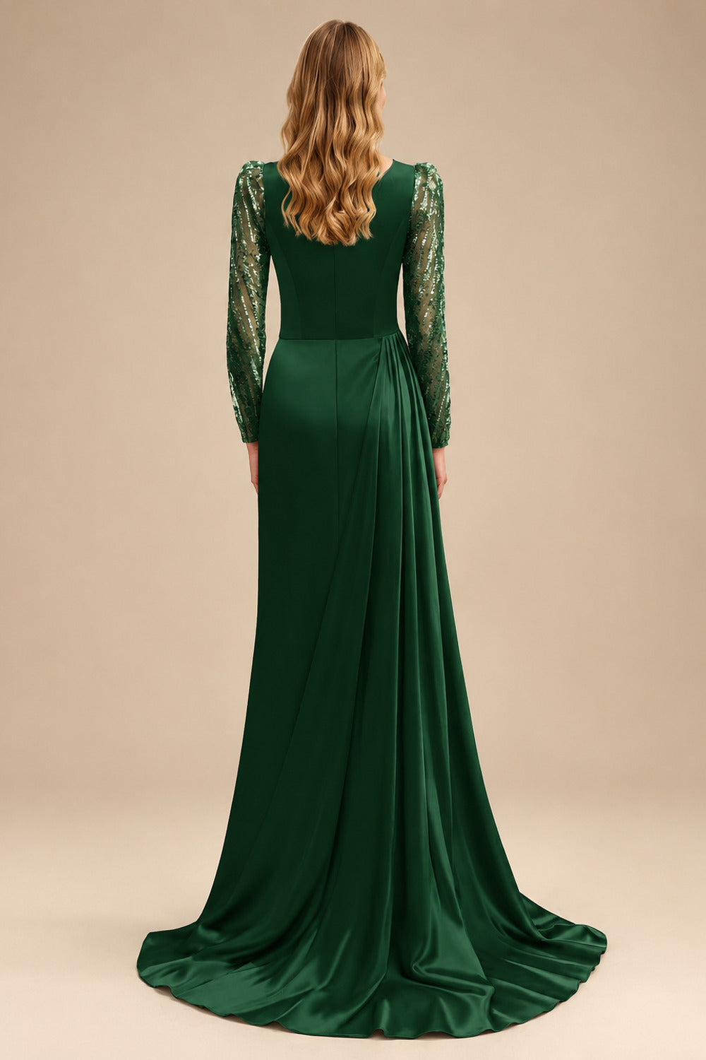 Rutipo Hunter Green Sheath Scoop Neck Long Sleeves Sweep Train Silk Like Satin Prom Dresses With High Split