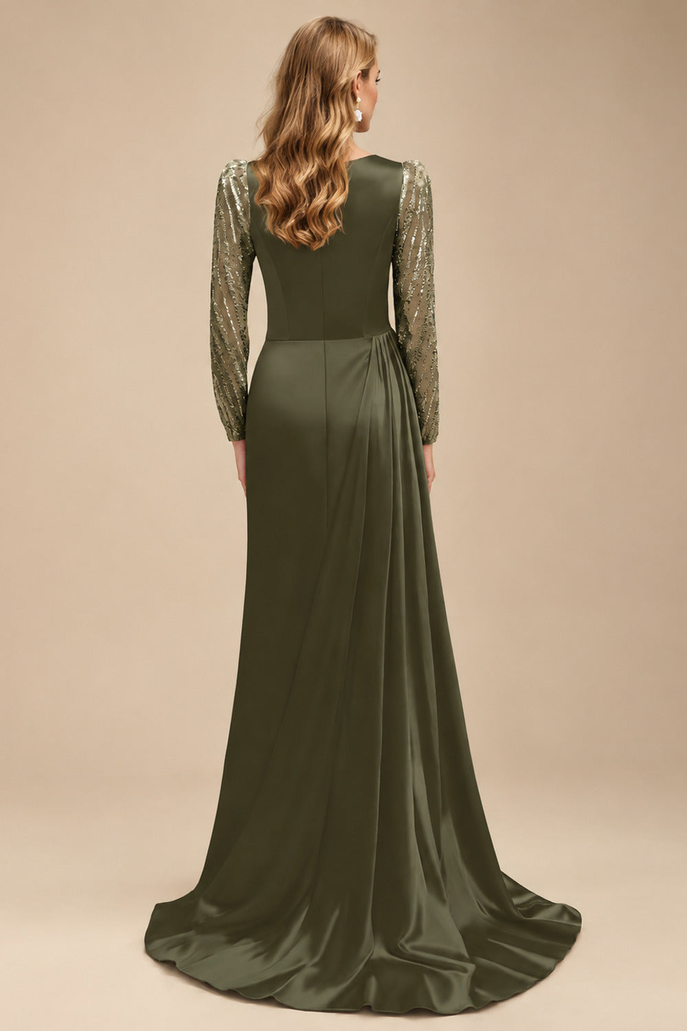 Rutipo Olive Green Sheath Scoop Neck Long Sleeves Sweep Train Silk Like Satin Prom Dresses With High Split