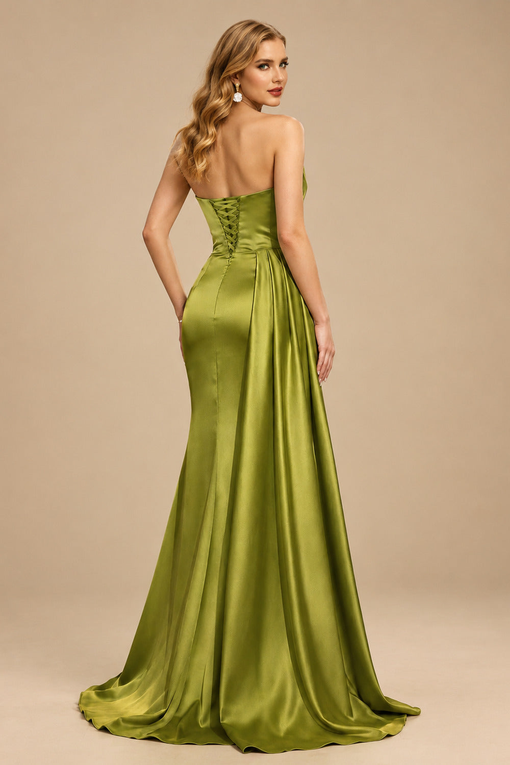 Rutipo As Picture Flattering Ruched High Split Sequin Silk Like Satin Prom Dresses With Sweeping Side Drape