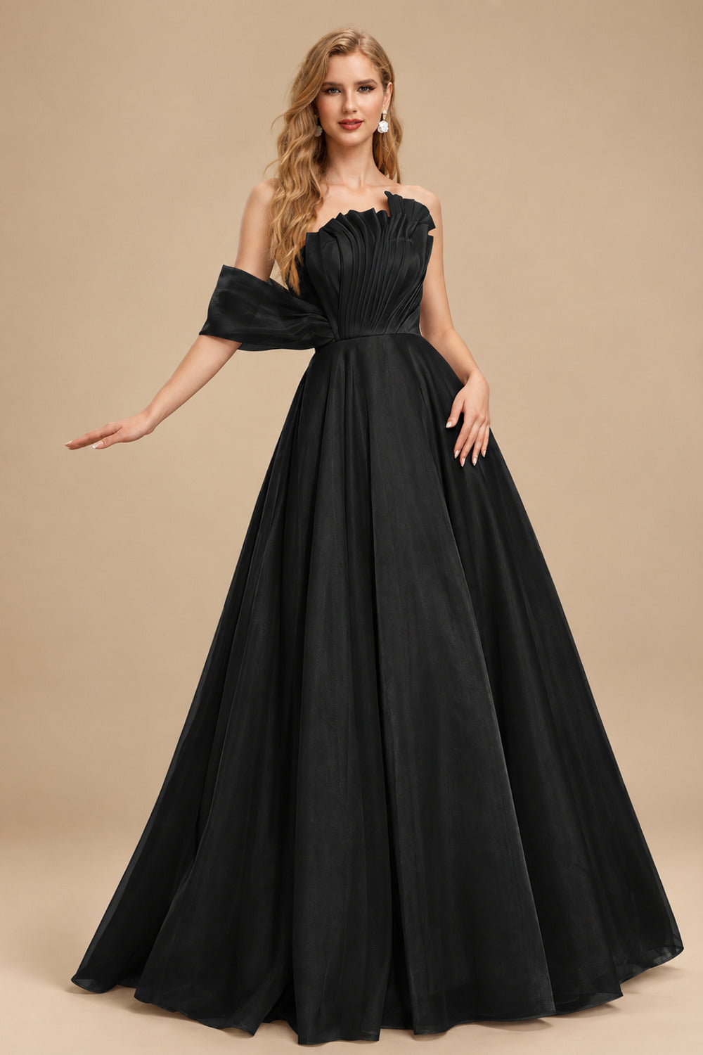 Rutipo Black A-Line Asymmetrical Sleeveless Floor-Length Organza/Satin Prom Dresses