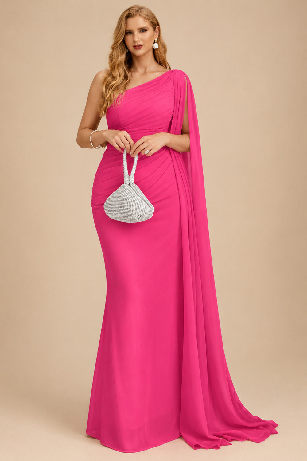 Rutipo Hot Pink Unique Riched One-Shoulder Chiffon Prom Dresses With Shoulder Side Drape