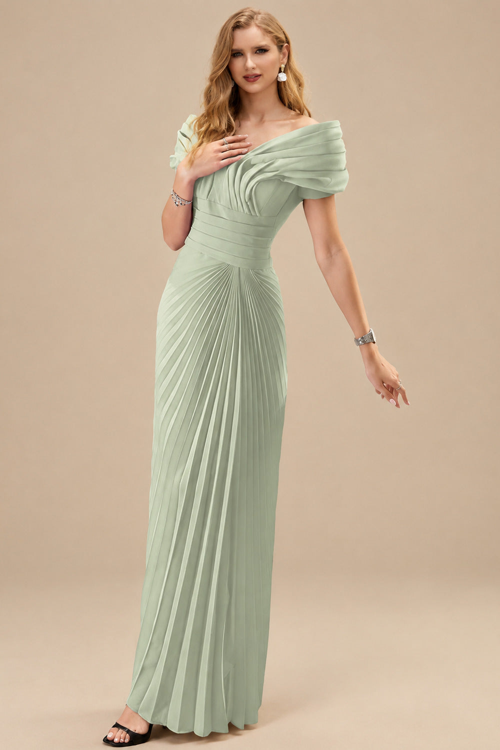 Rutipo Celadon Sheath/Column Off-The-Shoulder Elastic Satin Prom Dresses With Pleated