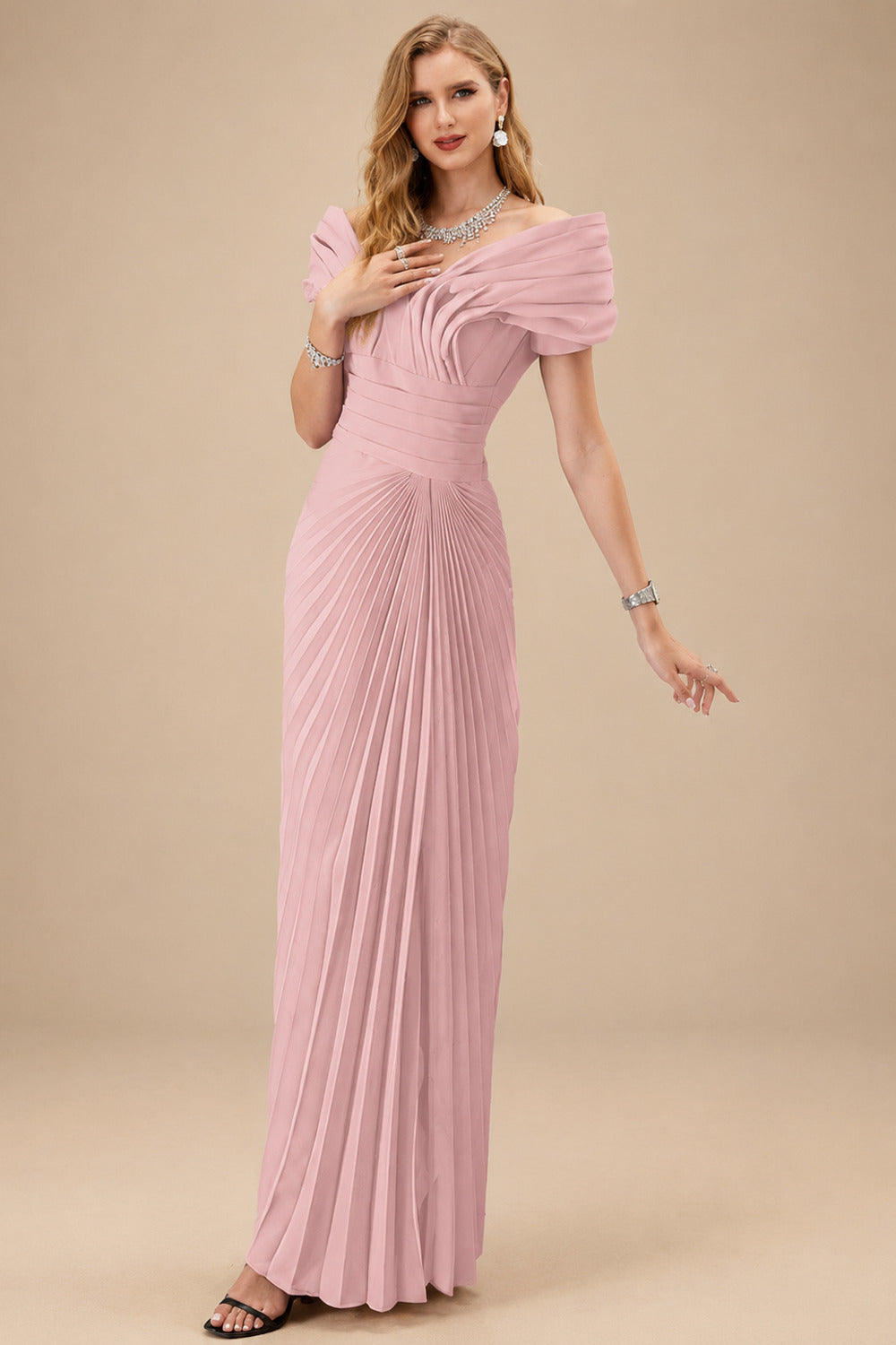 Rutipo Dusty Rose Sheath/Column Off-The-Shoulder Elastic Satin Prom Dresses With Pleated