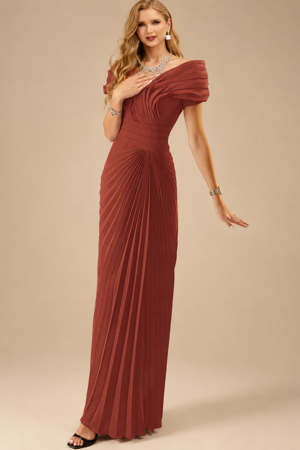 Rutipo Vermilion Sheath/Column Off-The-Shoulder Elastic Satin Prom Dresses With Pleated