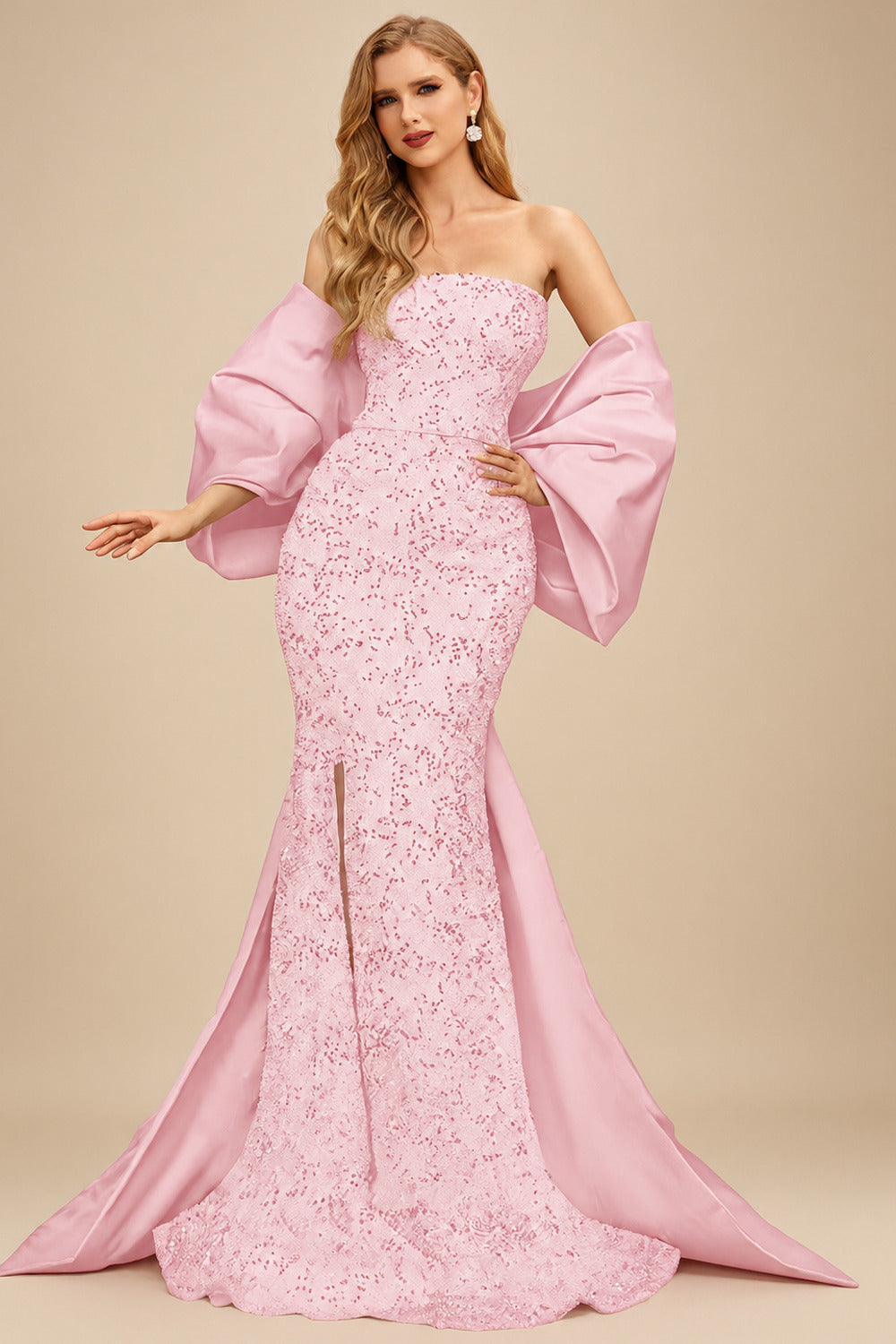 Rutipo Blushing Pink Trumpet/Mermaid Off-The-Shoulder Sequined Prom Dresses With Split Front