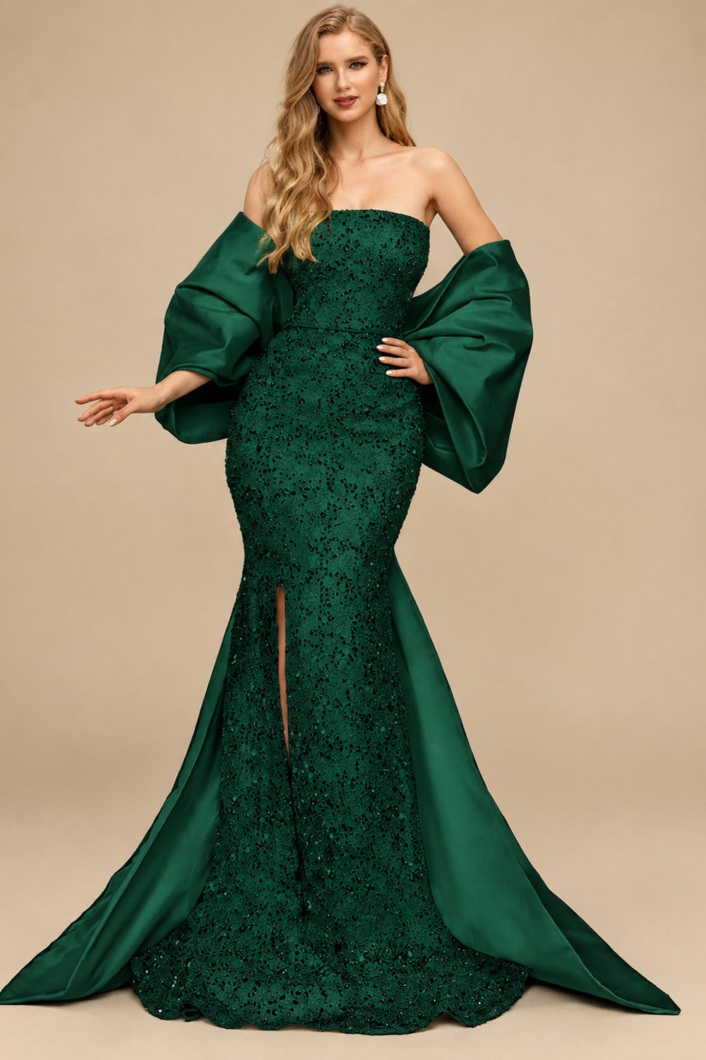 Rutipo Dark Green Trumpet/Mermaid Off-The-Shoulder Sequined Prom Dresses With Split Front