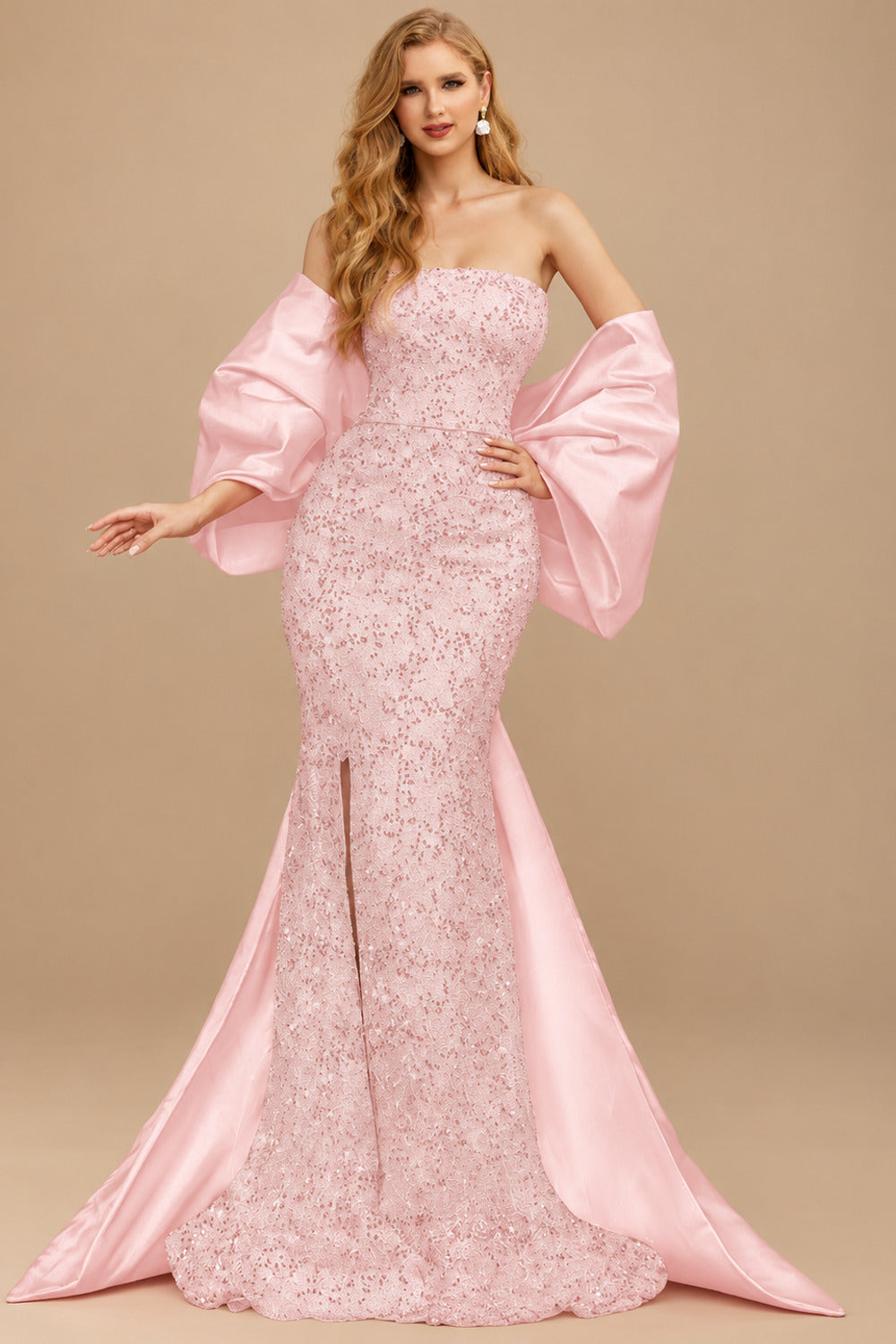 Rutipo Pearl Pink Trumpet/Mermaid Off-The-Shoulder Sequined Prom Dresses With Split Front