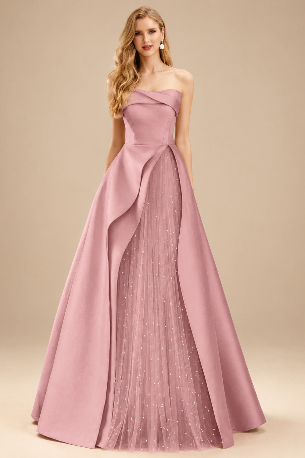 Rutipo Dusty Rose A-Line Strapless Sleeveless Floor-Length Satin Prom Dresses