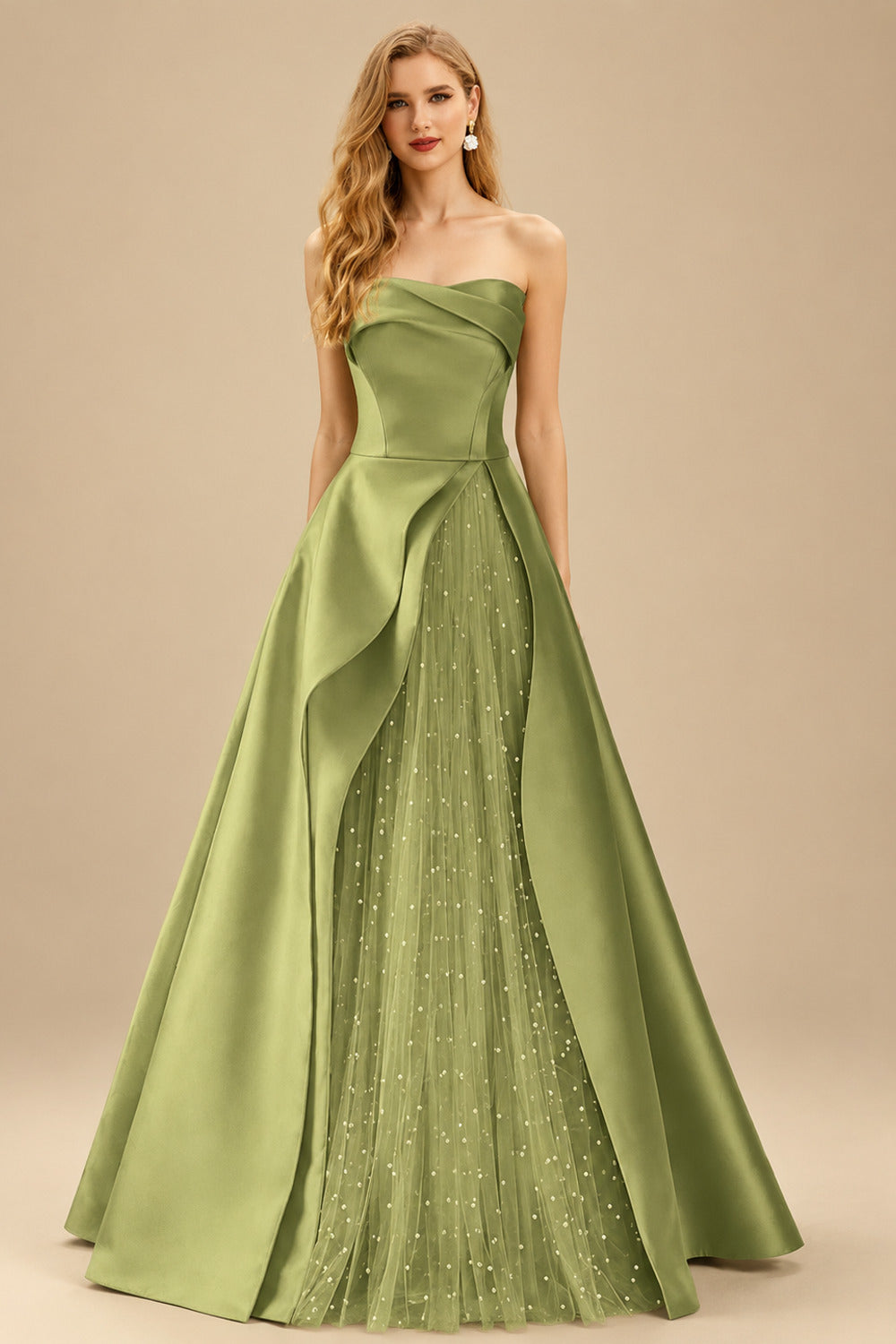 Rutipo Moss Green A-Line Strapless Sleeveless Floor-Length Satin Prom Dresses